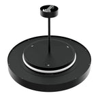 Black circular ceiling pendant light with central rod mount and tri-colour adjustable ring, product shot on white background.