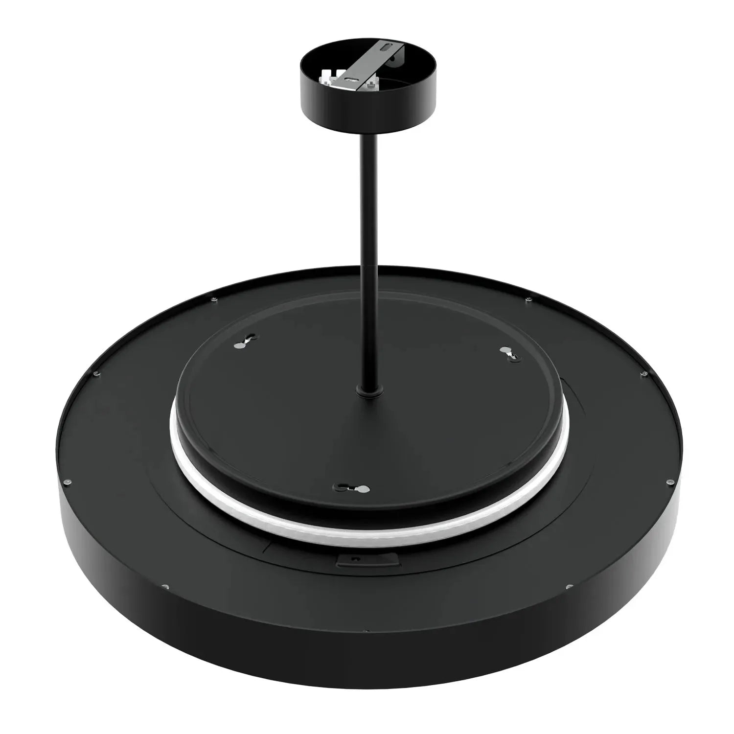 Black circular ceiling pendant light with central rod mount and tri-colour adjustable ring, product shot on white background.