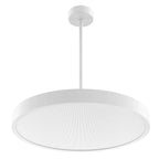 White pendant ceiling light with large flat disc shade and rod suspension, product photo on white background.
