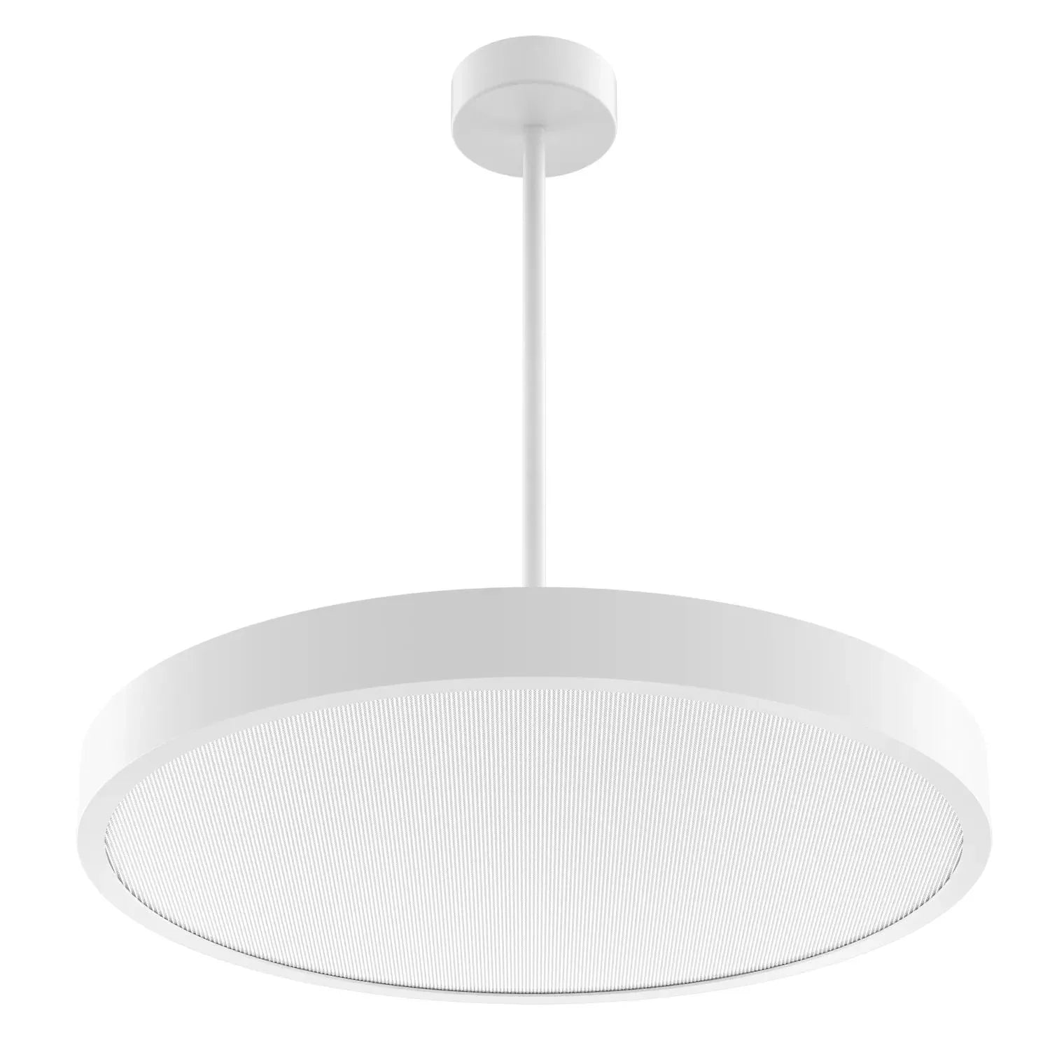 White pendant ceiling light with large flat disc shade and rod suspension, product photo on white background.