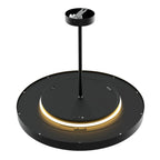 Black round pendant ceiling light with warm gold LED ring accent and central mounting rod, product shot on white background.