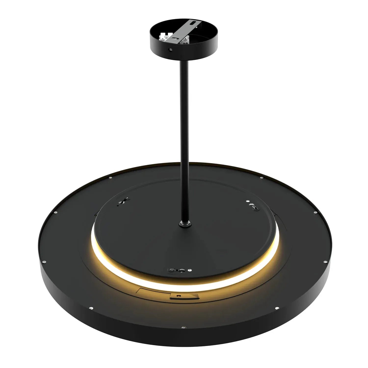 Black round pendant ceiling light with warm gold LED ring accent and central mounting rod, product shot on white background.