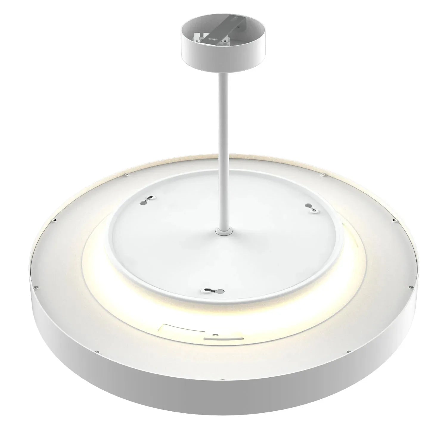 White circular pendant ceiling light with concentric rings and central mounting rod, shown as product shot on white backgroun