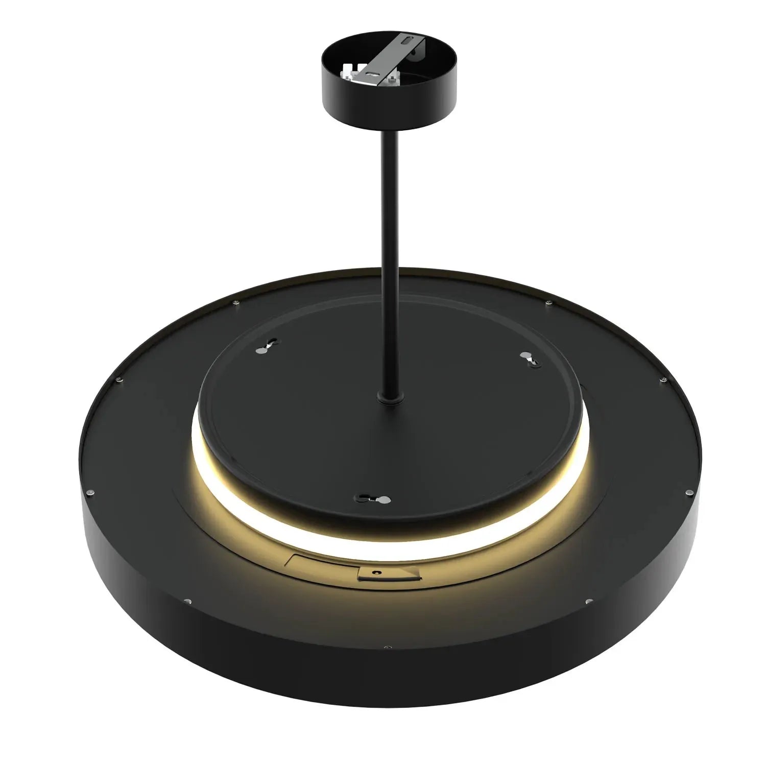 Black circular pendant light with warm gold accent ring and ceiling mounting rod, product view.