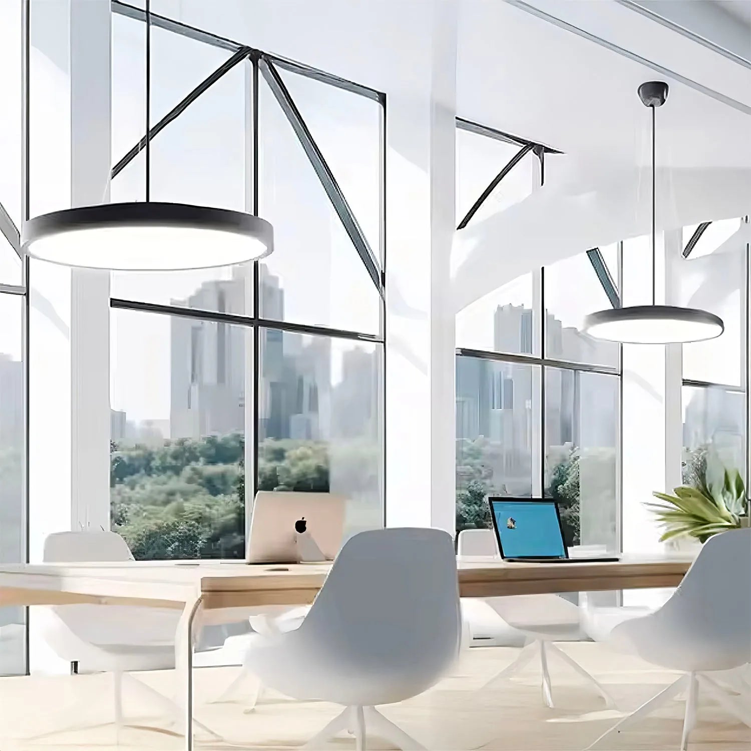 Modern minimalist office with circular black pendant lights suspended from ceiling rods, overlooking city skyline.