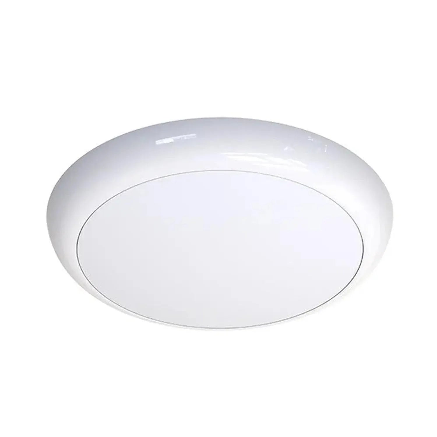 White round LED ceiling light with frosted diffuser against white background, product shot.