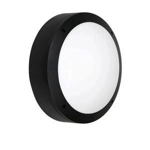 Black circular LED bulkhead light with white diffuser and mounting holes, viewed at an angle against white background.
