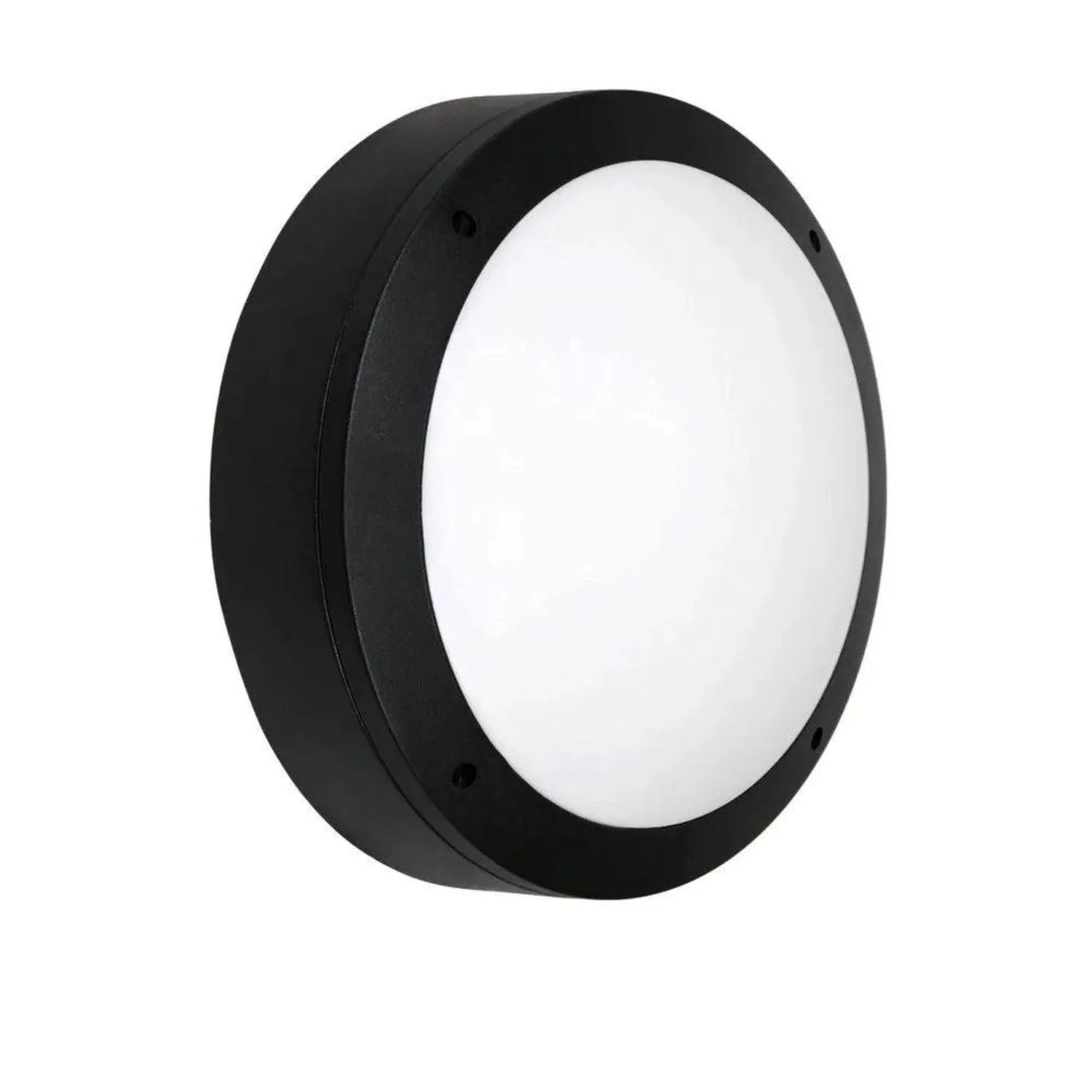 Black circular LED bulkhead light with white diffuser and mounting holes, viewed at an angle against white background.