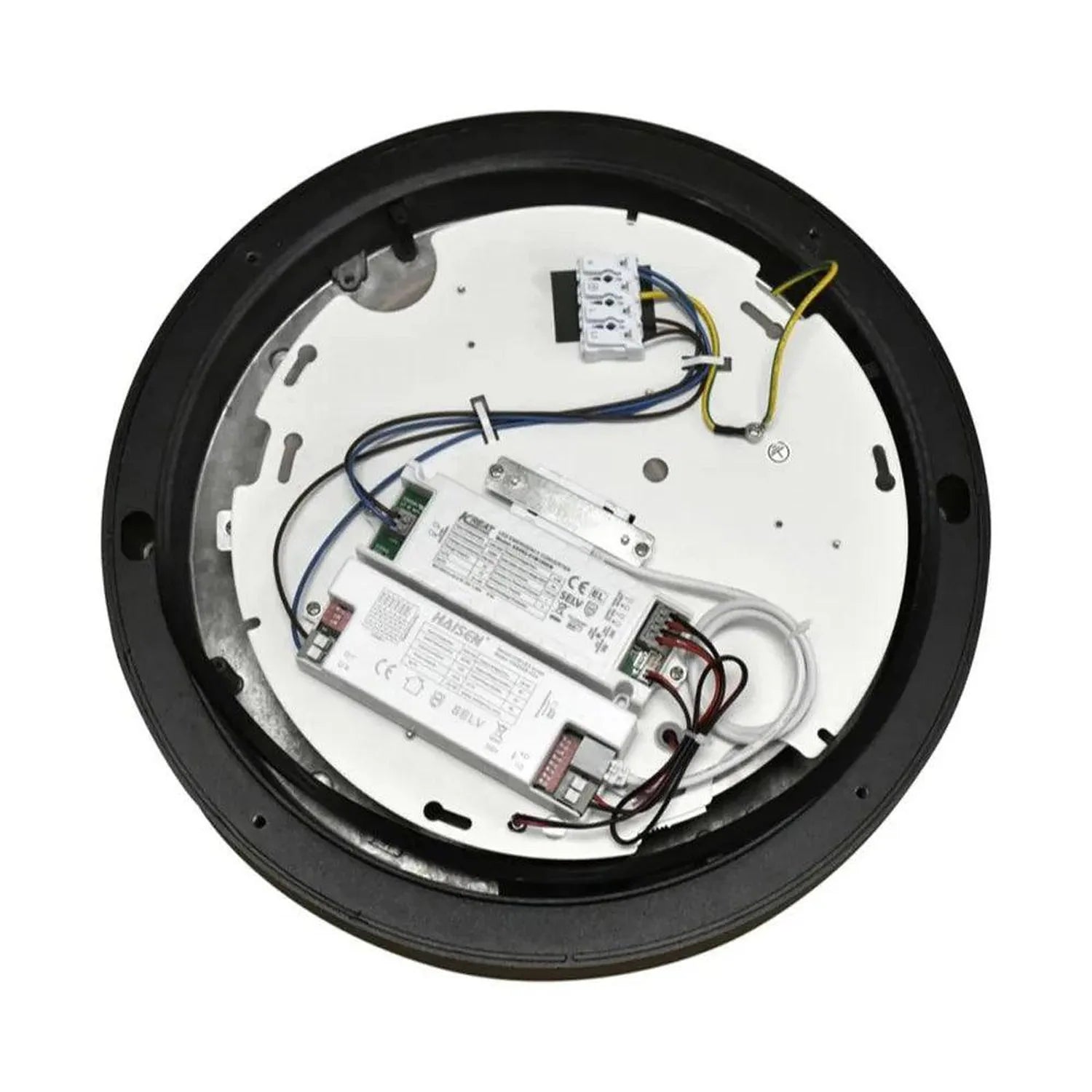Interior view of round LED bulkhead light fixture showing white base plate with two white ballast drivers, wiring harness, an