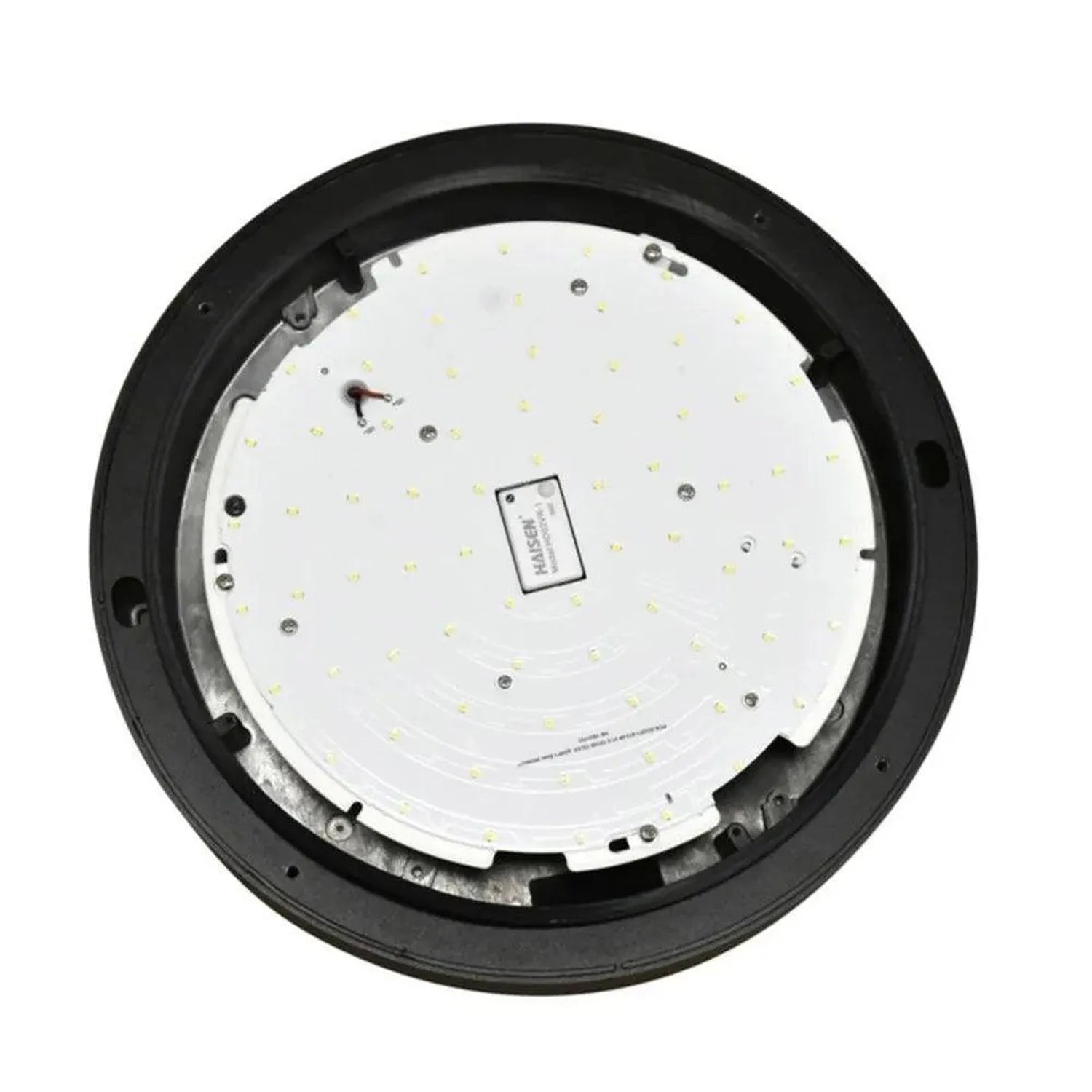 Interior view of round LED bulkhead light showing white circuit board with yellow LED chips and black plastic housing ring.