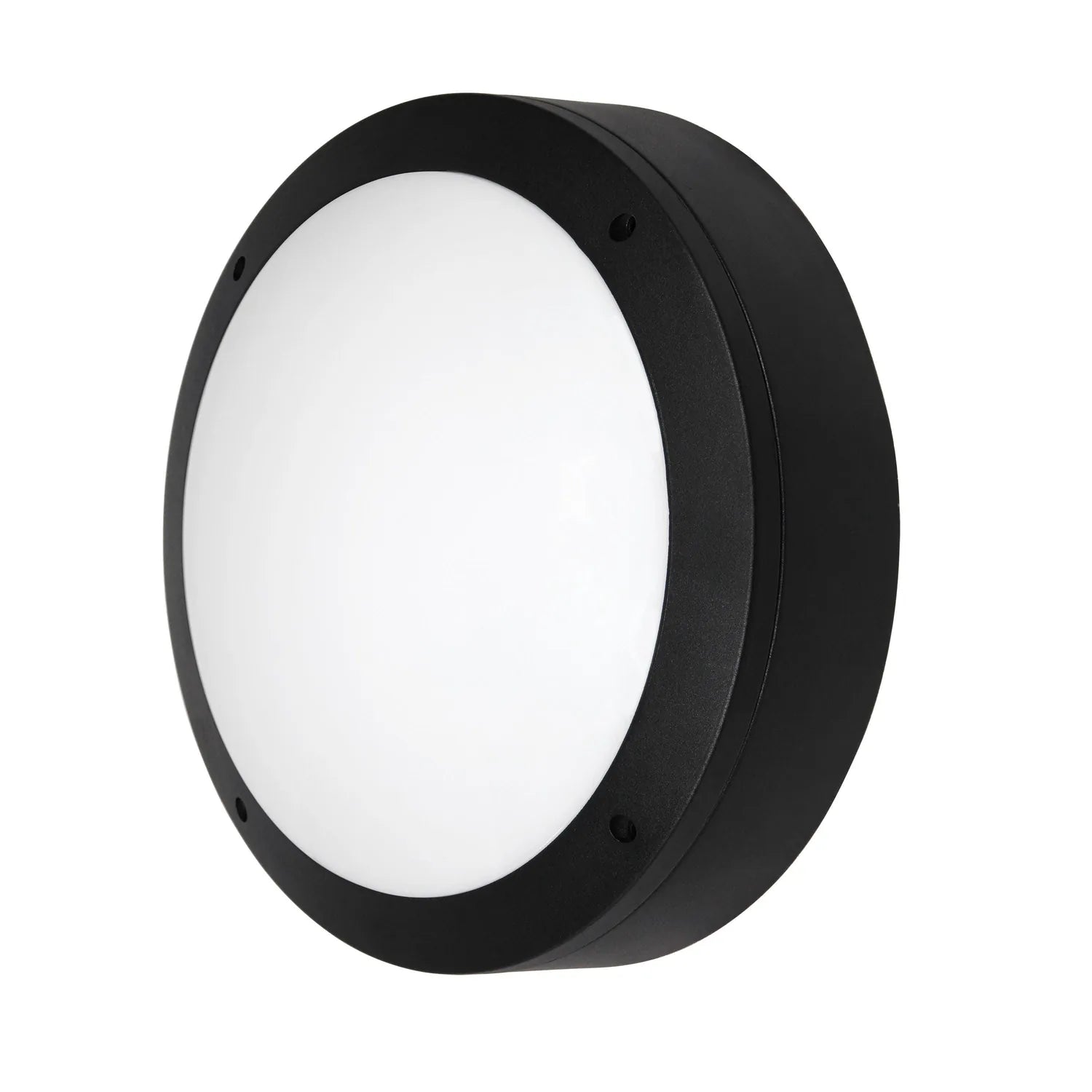 Black circular LED bulkhead light with white diffuser and mounting holes, product shot on white background.
