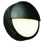Black half-moon LED bulkhead light with white frosted diffuser and metal visor, wall-mounted fixture.