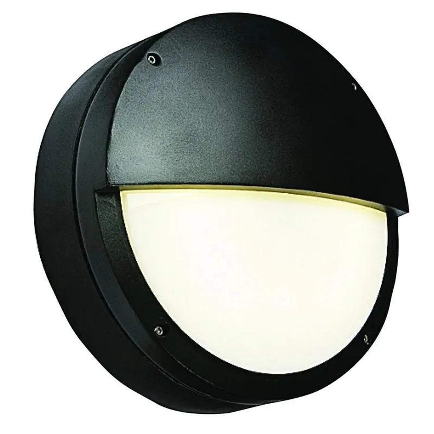 Black half-moon LED bulkhead light with white frosted diffuser and metal visor, wall-mounted fixture.