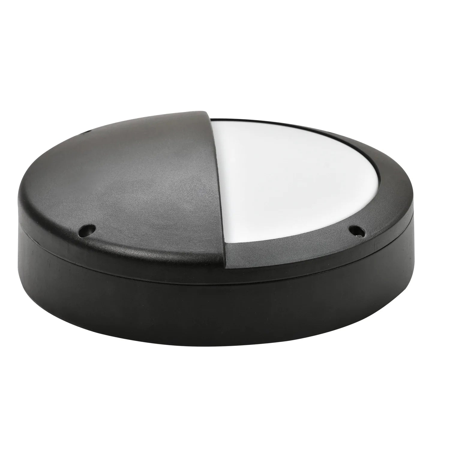 Black LED half moon bulkhead light with white diffuser panel, shown on white background.