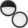 Two black circular LED bulkhead lights shown against white background, one full moon design and one half moon design with fro