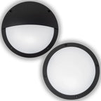 Two black circular LED bulkhead lights shown against white background, one full moon design and one half moon design with fro