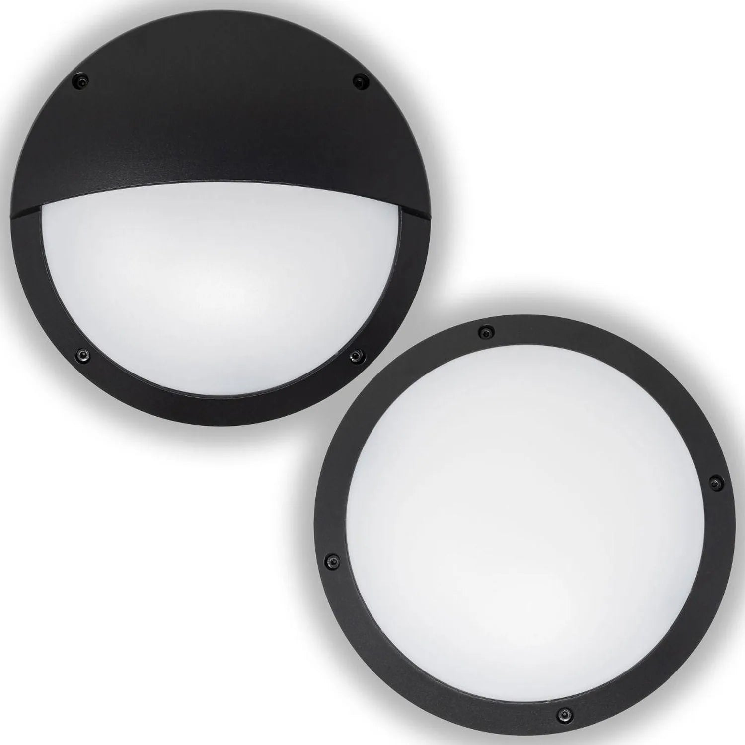 Two black circular LED bulkhead lights shown against white background, one full moon design and one half moon design with fro