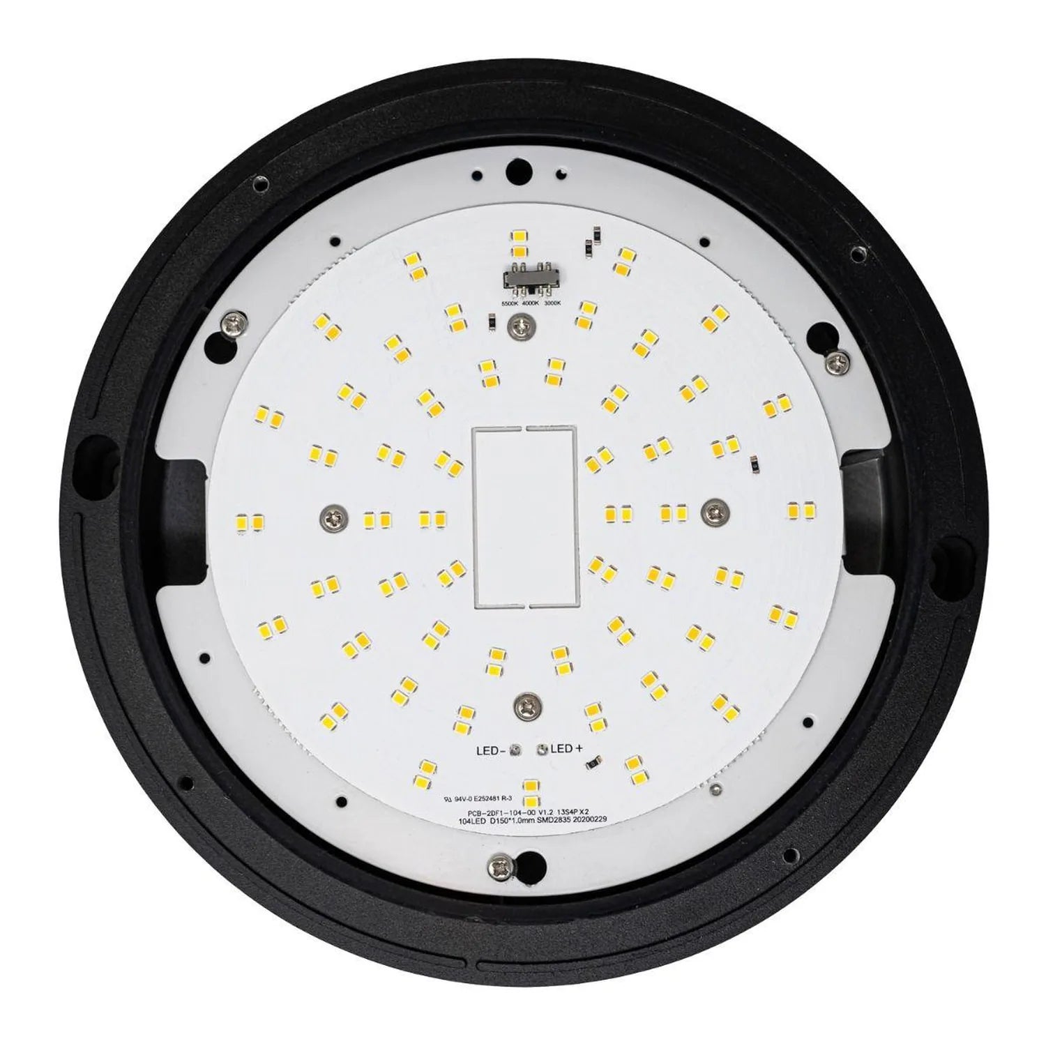 Interior view of round LED bulkhead fixture showing white circuit board with yellow LED chips arranged in circular pattern, b