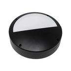 Black circular LED bulkhead light with half moon frosted white diffuser and mounting holes, product shot on white background.