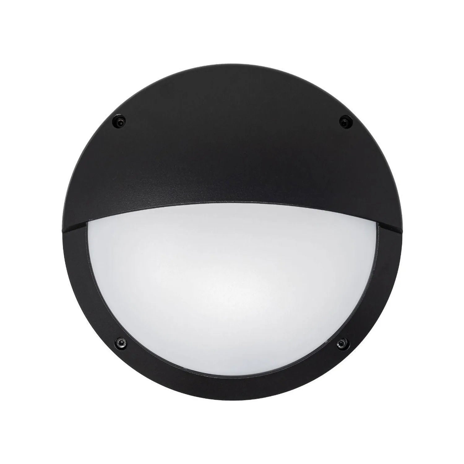 Black circular LED bulkhead light with white frosted lens and half-moon shade, mounted flush against white background.