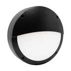 Black round LED bulkhead light with white frosted diffuser and half-moon shade, mounted against white background.