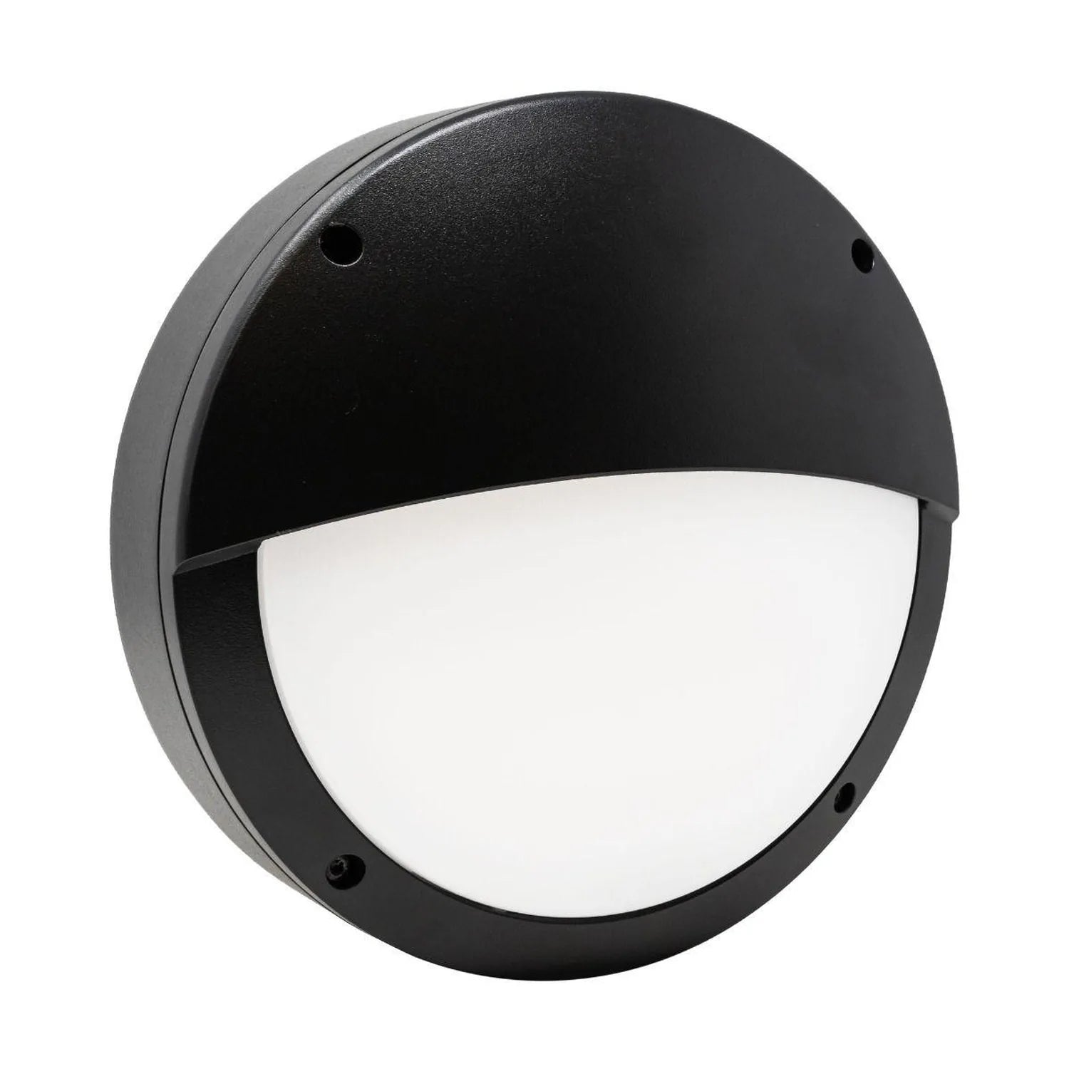 Black round LED bulkhead light with white frosted diffuser and half-moon shade, mounted against white background.