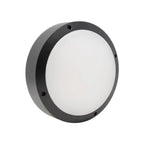 Round dark gray LED bulkhead light with white diffuser and mounting screws, shown against white background.