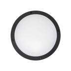 Round black LED bulkhead light with white diffuser and visible mounting screws, product shot on white background.