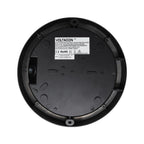 Back view of circular black LED bulkhead showing manufacturer label, mounting points, and cable entry port.