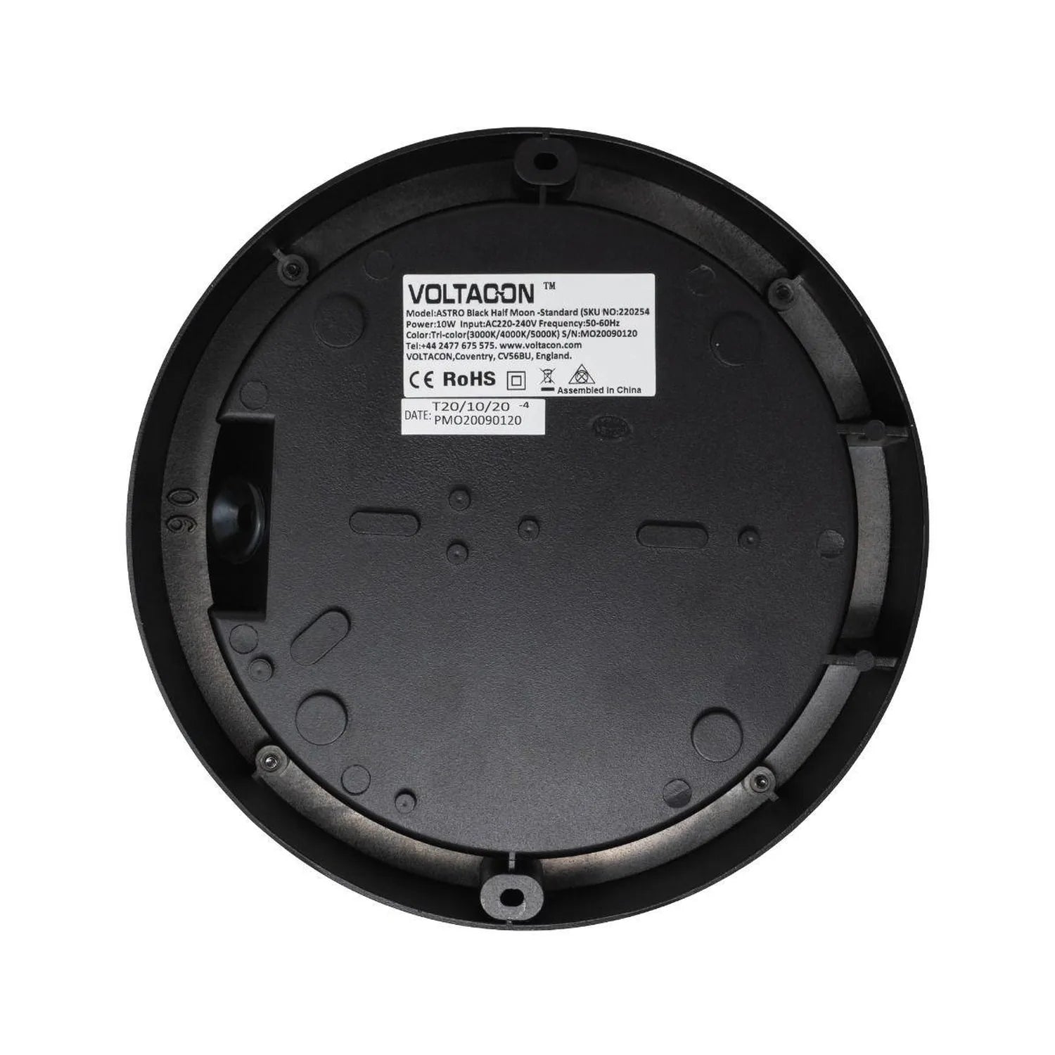 Back view of circular black LED bulkhead showing manufacturer label, mounting points, and cable entry port.
