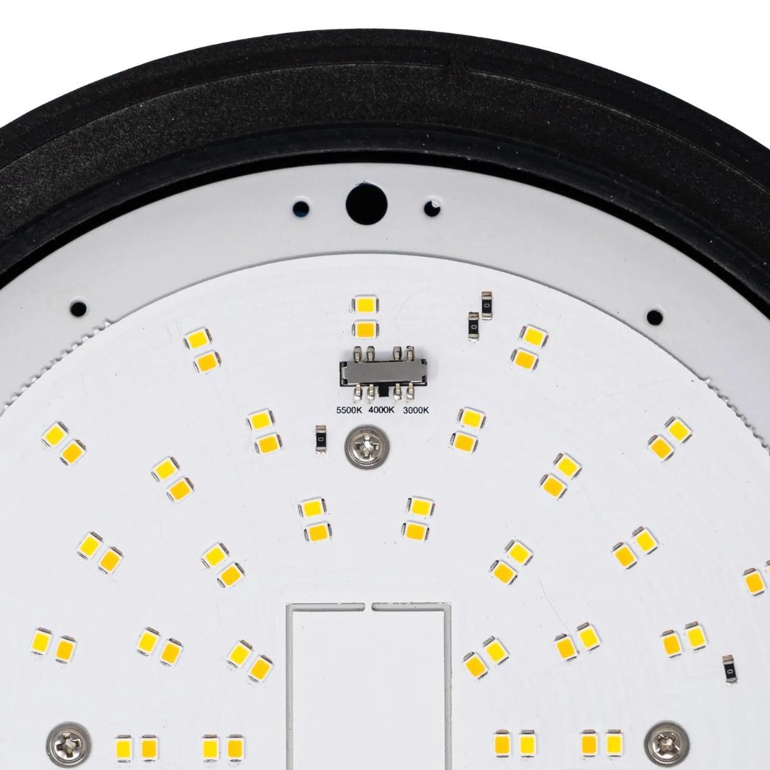 Close-up of LED bulkhead circuit board showing yellow SMD LEDs arranged in rows, central control module labeled with color te