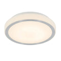 White circular LED ceiling light with gray trim ring, shown against white background.