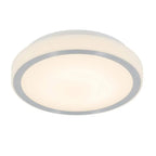 White circular LED ceiling light with gray trim ring, shown against white background.