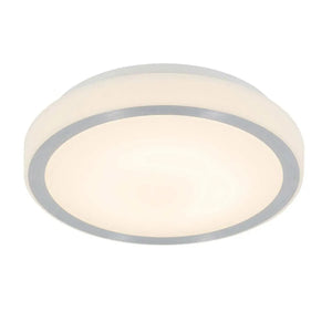 White circular LED ceiling light with gray trim ring, shown against white background.