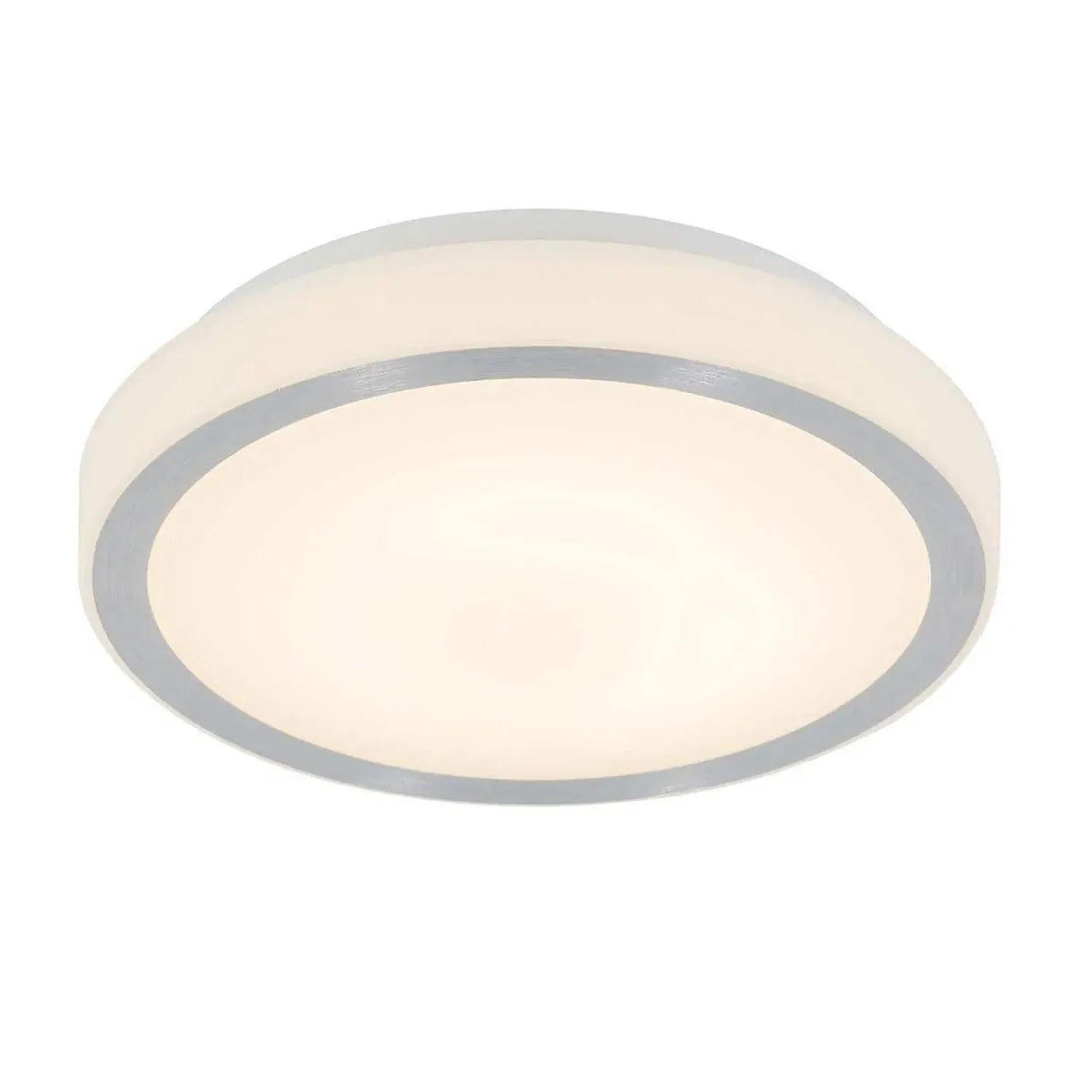 White circular LED ceiling light with gray trim ring, shown against white background.