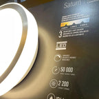 Saturn LED ceiling light with packaging showing tunable white technology, 3 color temperatures, 50,000 hour lifespan, and 2,2