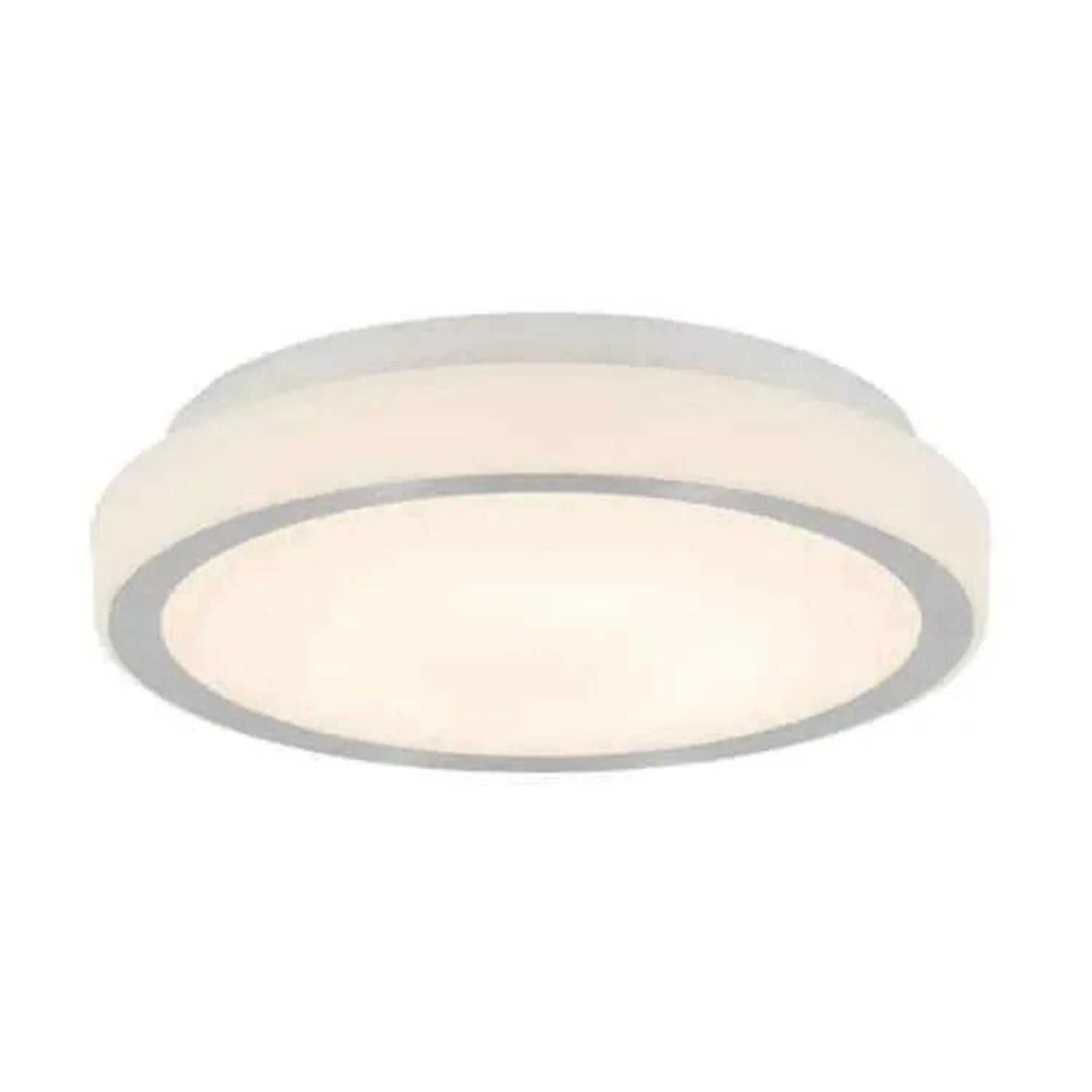 Artika Saturn round flush mount ceiling light with white acrylic diffuser and silver trim ring against white background.