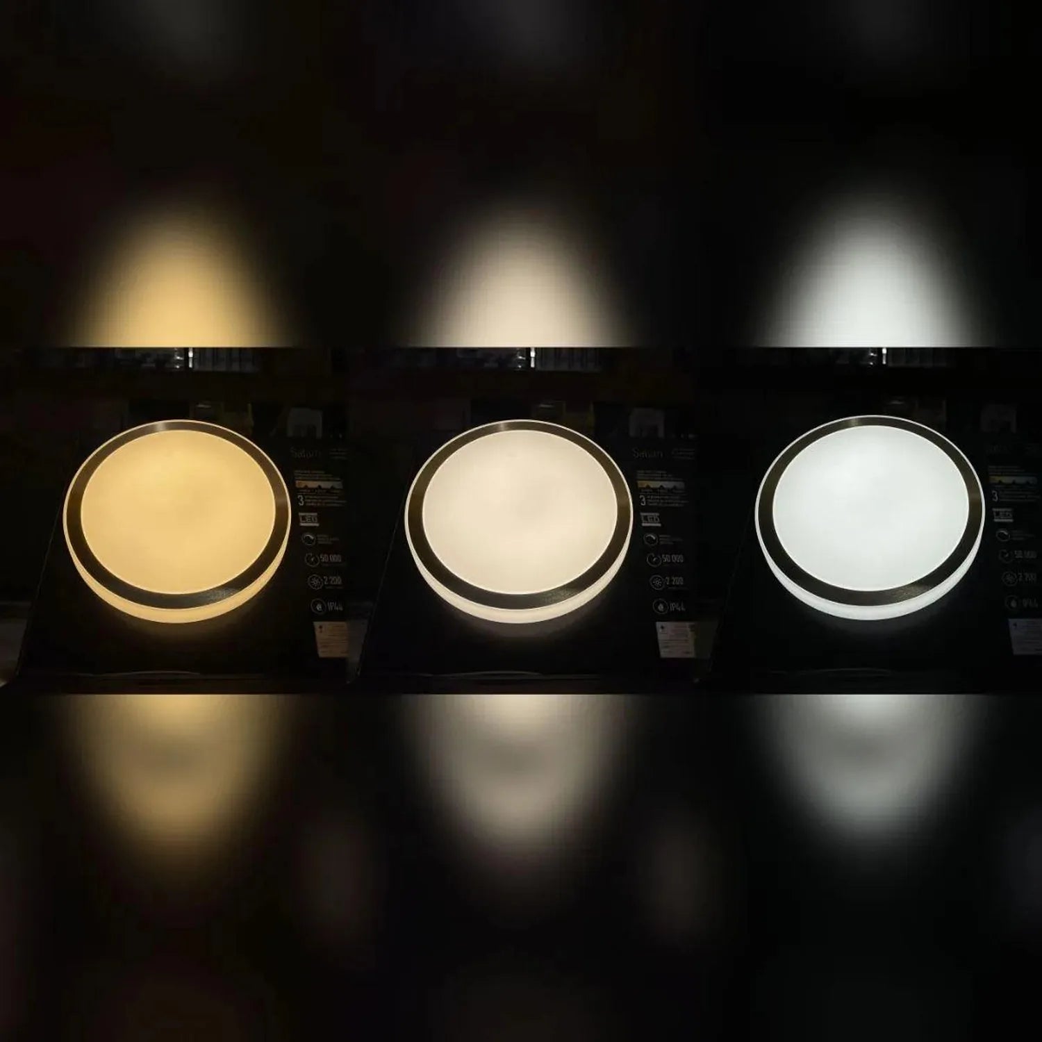 Three Artika Saturn ceiling lights displaying warm, neutral, and cool color temperature options side by side.