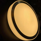 Round dimmable LED ceiling light with warm glow, black trim ring, shown illuminated against dark background.