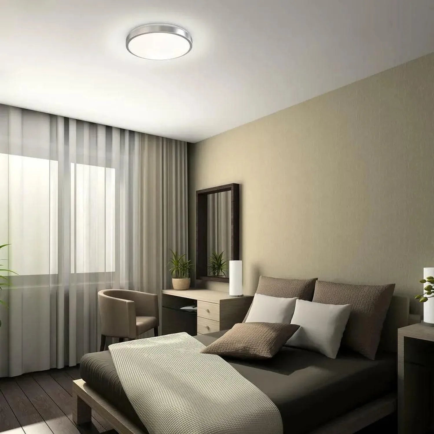 Saturn LED ceiling light installed in modern bedroom, providing warm illumination above bed with dark wood frame and neutral 