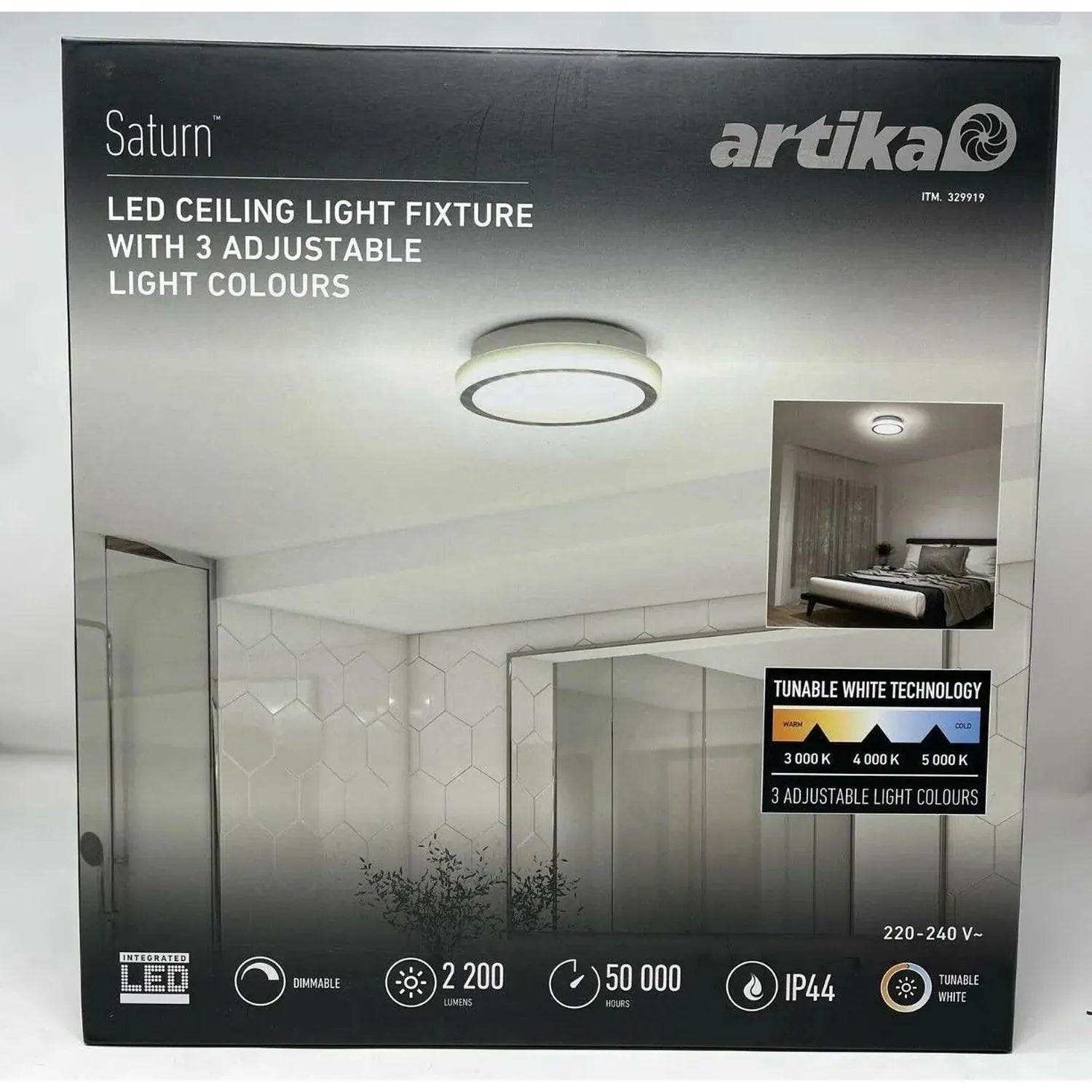 Artika Saturn LED ceiling light fixture product packaging box displaying tunable white technology with 3 adjustable color tem