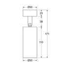 Technical dimension diagram of cylindrical LED track light showing Ø50 diameter, 171mm total height, with 110mm body length a