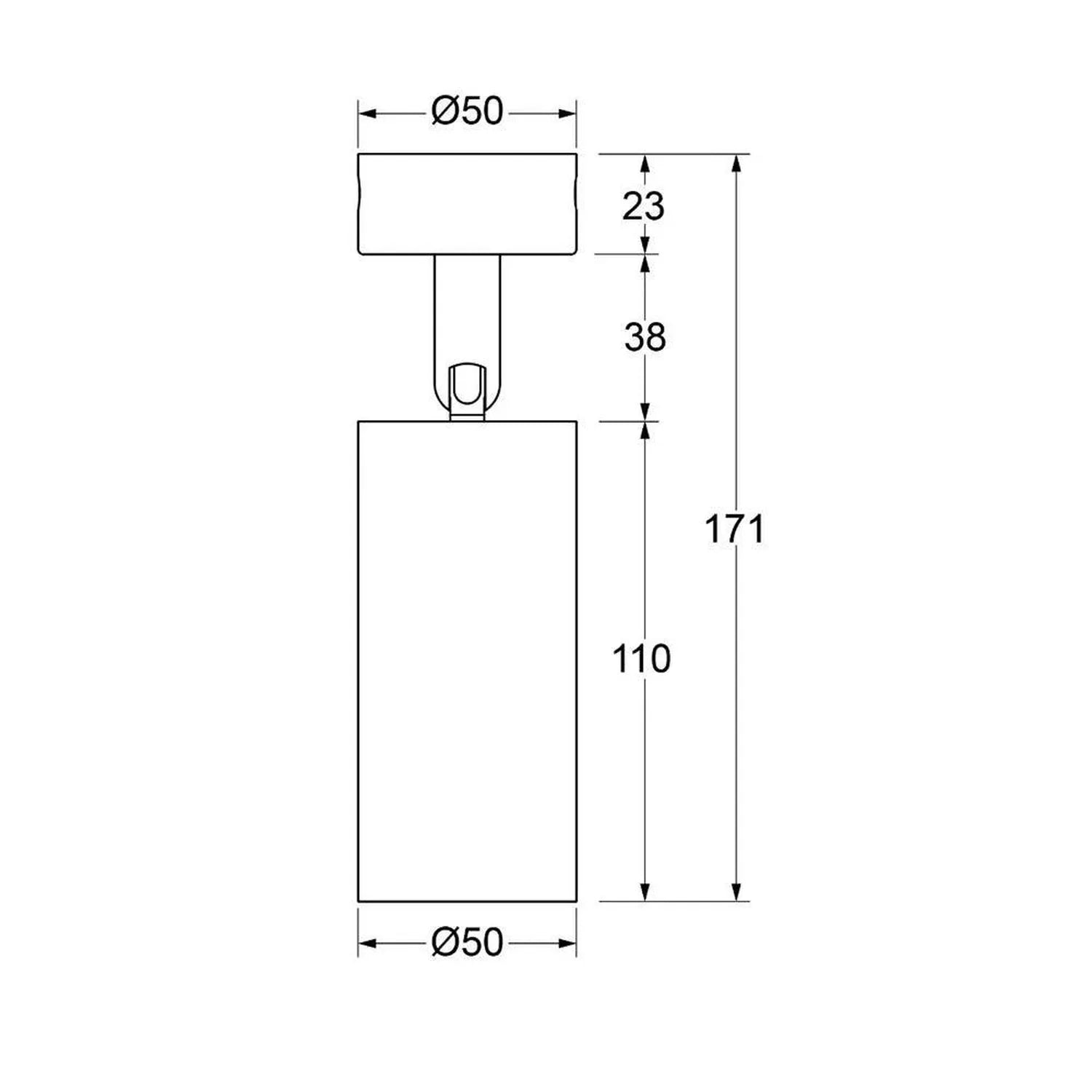 Technical dimension diagram of cylindrical LED track light showing Ø50 diameter, 171mm total height, with 110mm body length a