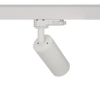 White cylindrical LED track light mounted on rail, angled downward, front product view.