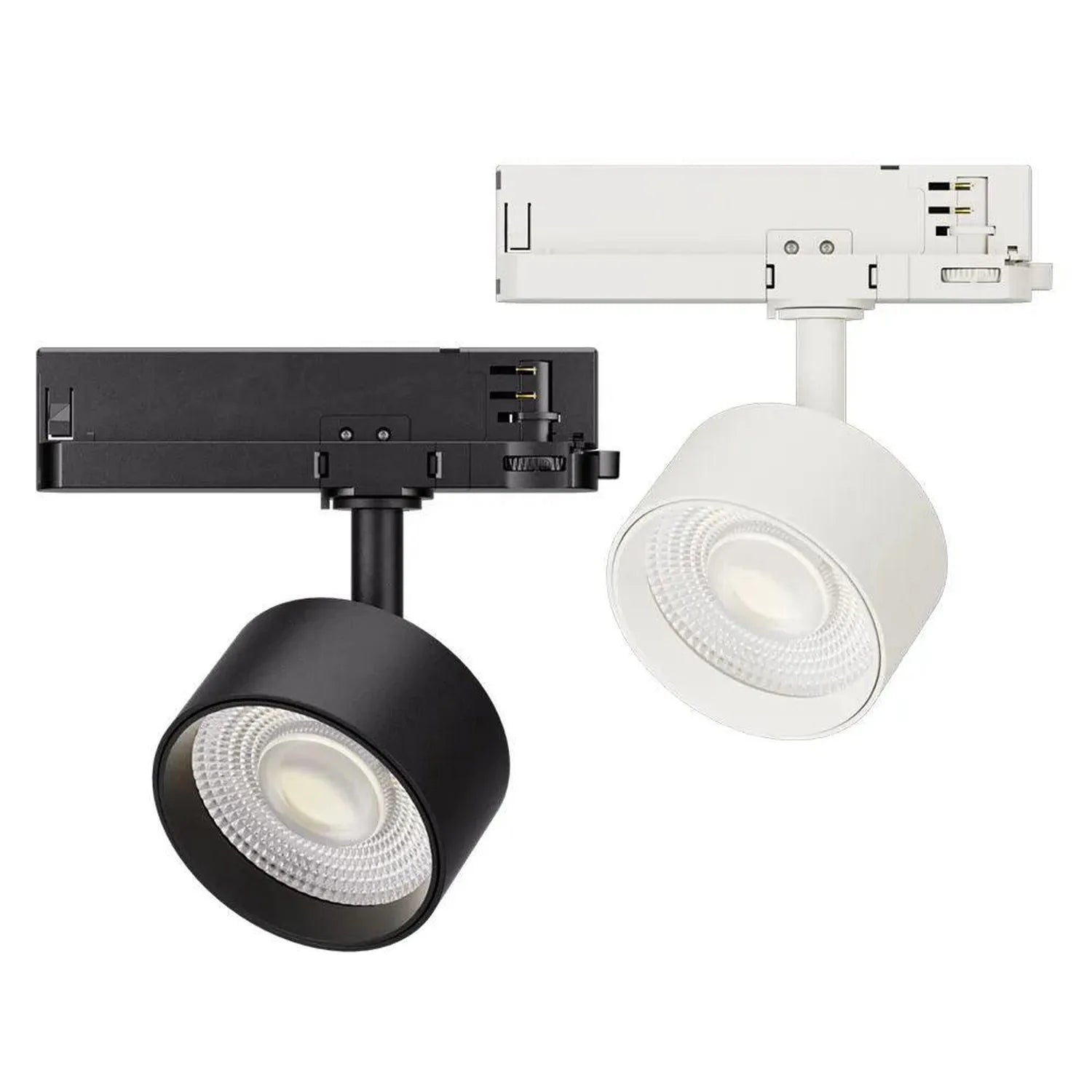 Black and white LED track lights with cylindrical heads and COB spotlights mounted on three-phase track rails, shown from ove
