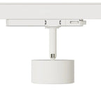 White cylindrical LED track light mounted on horizontal three-phase rail system, showing fixture head and adjustable connecto