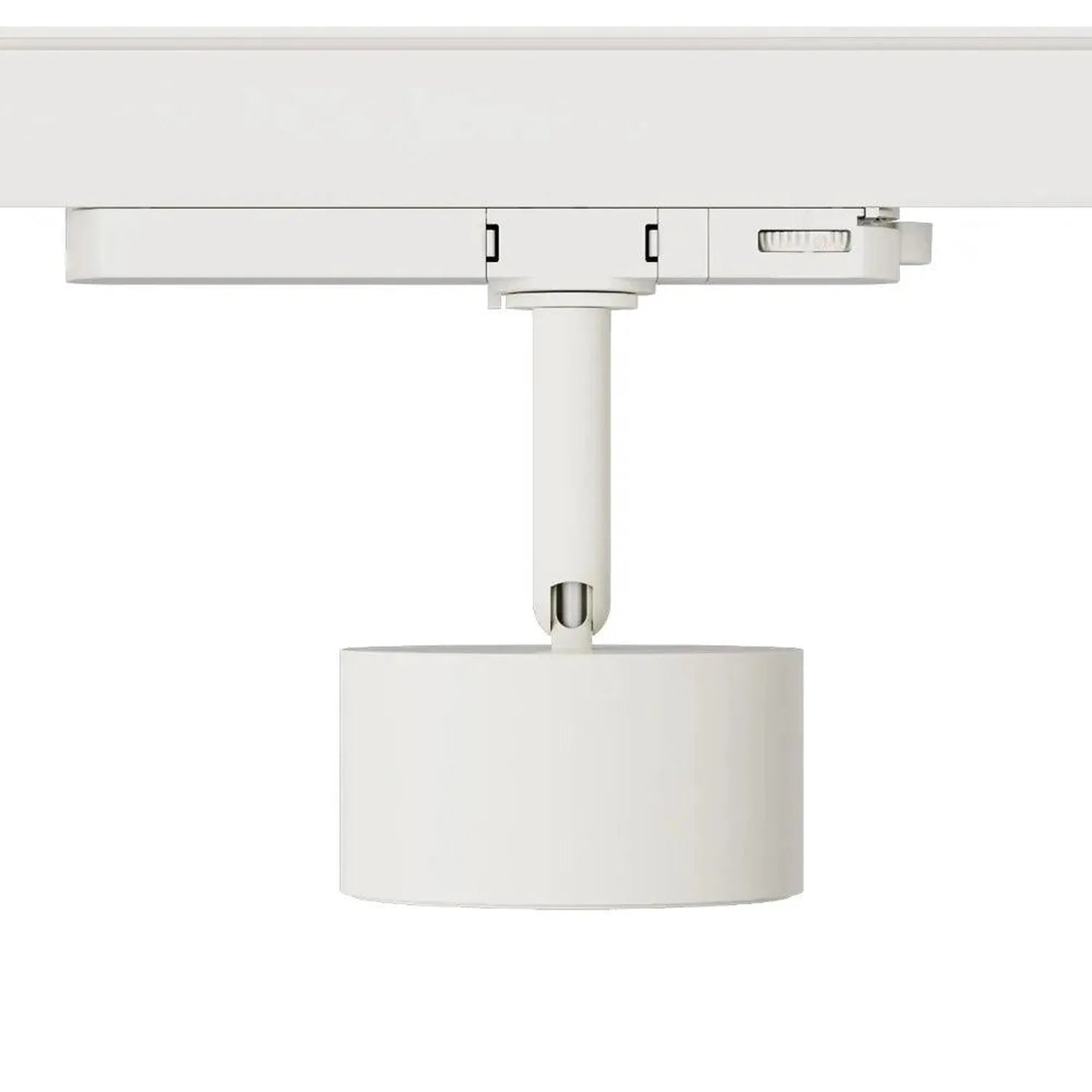 White cylindrical LED track light mounted on horizontal three-phase rail system, showing fixture head and adjustable connecto