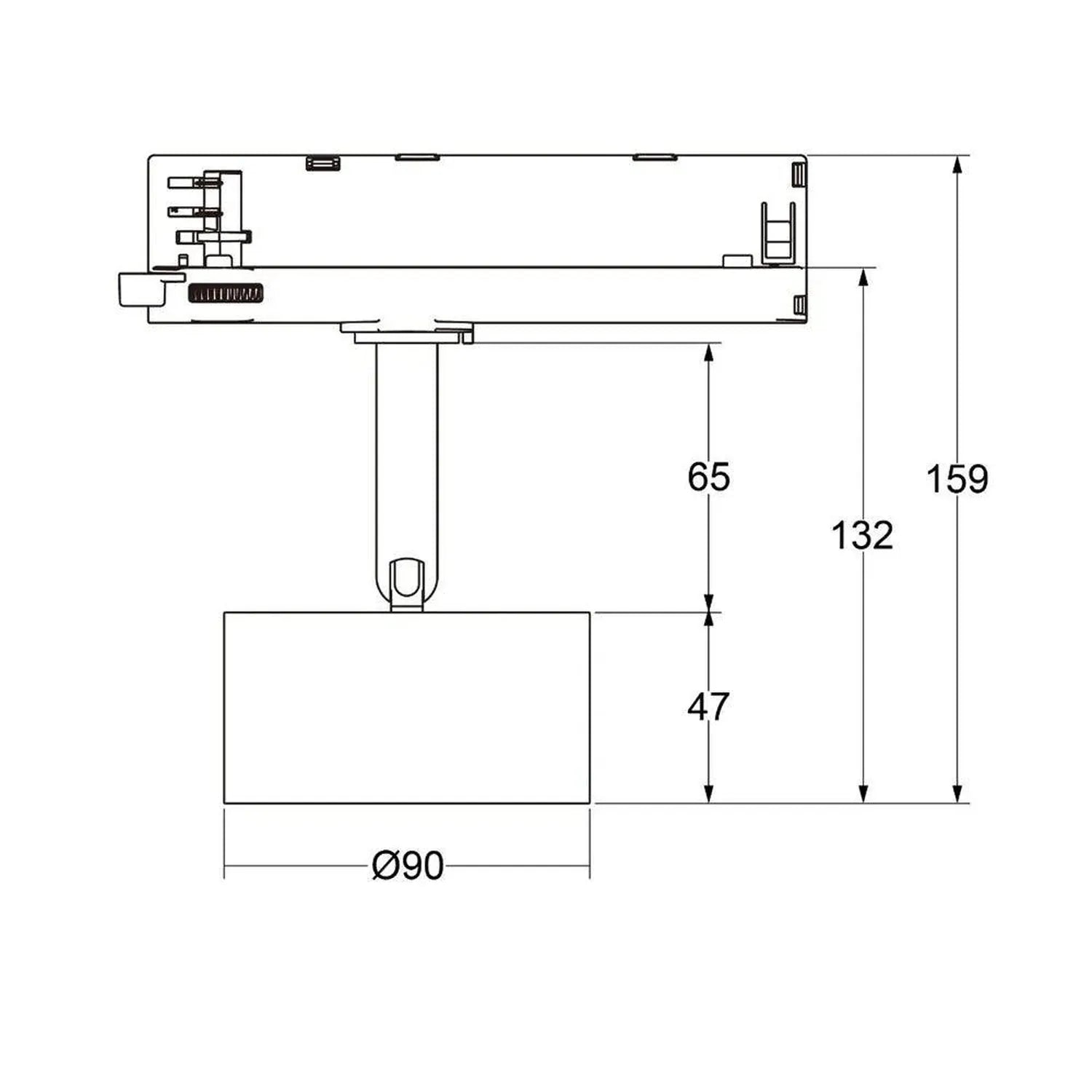Technical dimension diagram of LED track light showing mounting bracket, 90mm diameter base, and height measurements of 47mm,