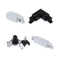 Four track rail accessories shown: white and black feed connectors, black L-shaped corner connector, and black grounding kit 