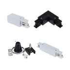Four track rail accessories shown: white and black feed connectors, black L-shaped corner connector, and black grounding kit 